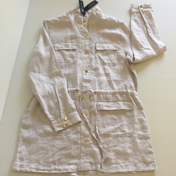 JONES NEW YORK linen womens L long line draw string jacket oatmeal gold tone NEW - Picture 10 of 16